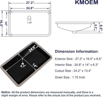 Black Undermount Bathroom Sink 27.3x16.5 Inch Vessel Sink Rectangular | Bathroom Sink Matte Black Bathroom Under Counter Lavatory Vanity Sink Basin Porcelain Ceramic Undermount Sinks with Overflow