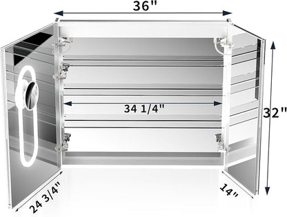 32x36 Lighted Medicine Cabinet with Mirror & Magnifier, LED Medicine Cabinet Mirror for Bathroom, Dimmable, Adjustable Color Temp, Defogger, Front&Backlit, Built-in Outlets, Soft Close DTC Hinges