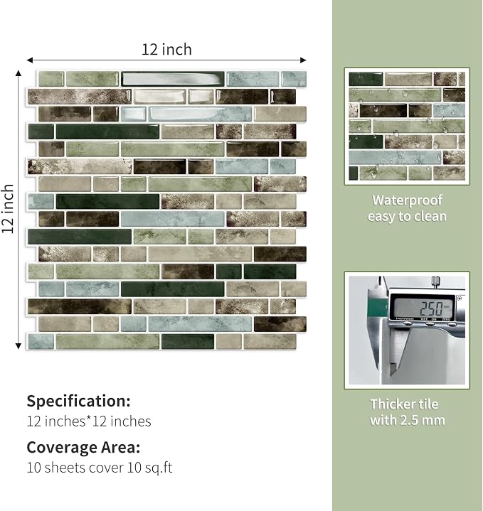 10 Sheets Thick Peel and Stick Kitchen Backsplash Tiles | 3D Waterproof Self Adhesive Wall Tile Stick on Backsplash for Kitchen,Bathroom and Fireplace(Mixed Green,12"×12")