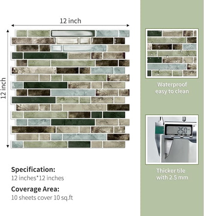 10 Sheets Thick Peel and Stick Kitchen Backsplash Tiles | 3D Waterproof Self Adhesive Wall Tile Stick on Backsplash for Kitchen,Bathroom and Fireplace(Mixed Green,12"×12")