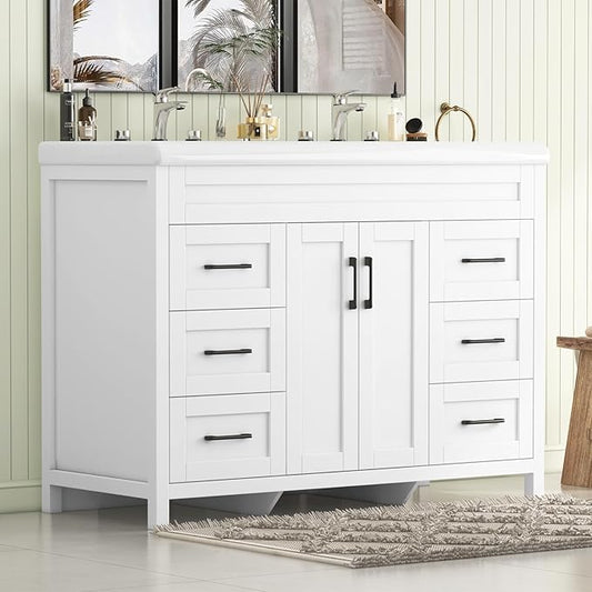 48 inch Bathroom Vanity with Double Sink, Modern Bathroom Storage Cabinet with Undermount Ceramic Sink, Soft Closing Doors and 6 Drawers, White