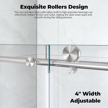 Frameless Shower Door 56-60 Inch W × 76 Inch H – Brushed Stainless Steel Square Rail, Fixed Panel and Sliding Glass Shower Door with 6mm Tempered Glass, Easy Clean Coating