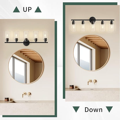 Espird Bathroom Vanity Light Fixtures Matte Black Bathroom Lighting Fixture, 5 Lights Bathroom Light Fixture Over Mirror, Modern Black Vanity Light, Wall Sconces with Glass Shades
