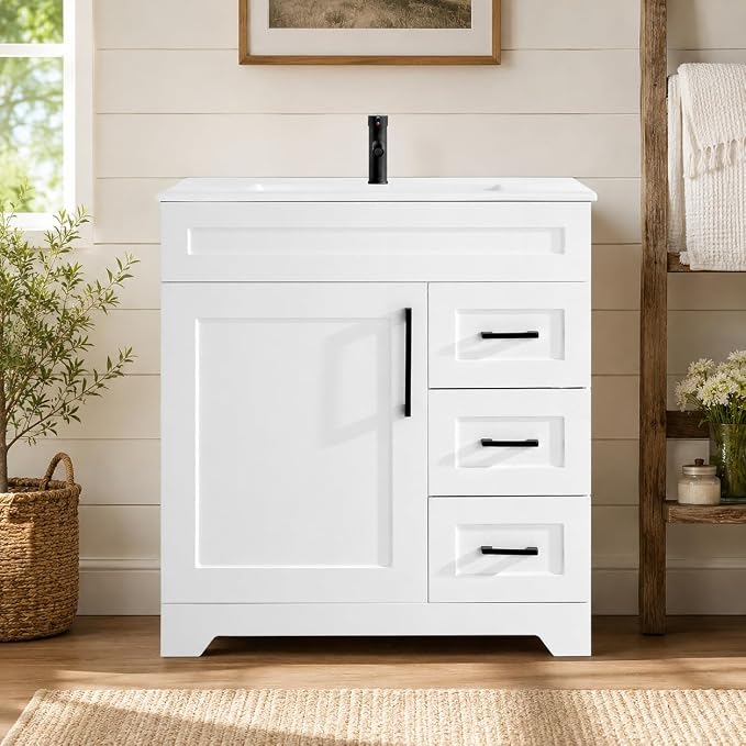 30" White Bathroom Vanity with Integrated Sink Top | Plywood Construction, Soft-Close Doors &Drawers,Modern Shaker Style