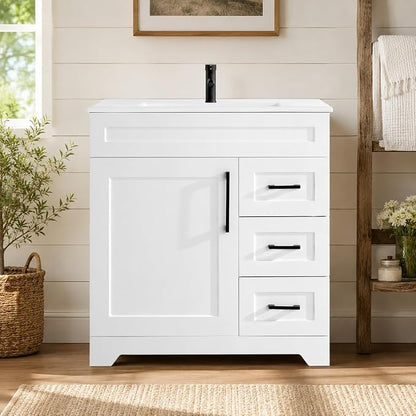 30" White Bathroom Vanity with Integrated Sink Top | Plywood Construction, Soft-Close Doors &Drawers,Modern Shaker Style