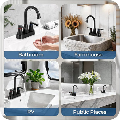 Black Bathroom Faucet 3 Hole, 4 Inch 2-Handle Centerset Bathroom Sink Faucet, Faucet for Bathroom Sink 360° Swivel Bathroom Faucets RV Lavatory Vanity Faucet with Pop-up Drain