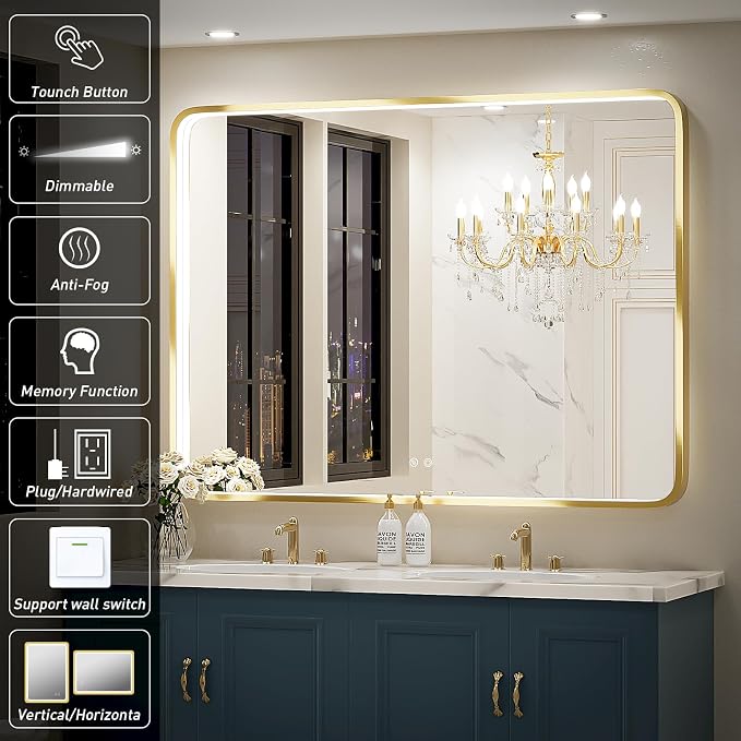 48X36 Inch LED Gold Frame Bathroom Mirror,3 Color | ETL Listed,Anti-Fog,3000K/4500K/6000K Dimmable,Horizontal & Vertical,Wall Mounted,Memory Function