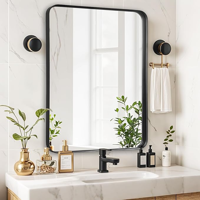 Black Bathroom Vanity Mirror Over Sink 28x36, Large Wall Mounted Mirror | Fabuday Matte Metal Framed Rectangular Big Mirror for Living Room, Bedroom, Entryway Decor, Rounded Rectangle Design