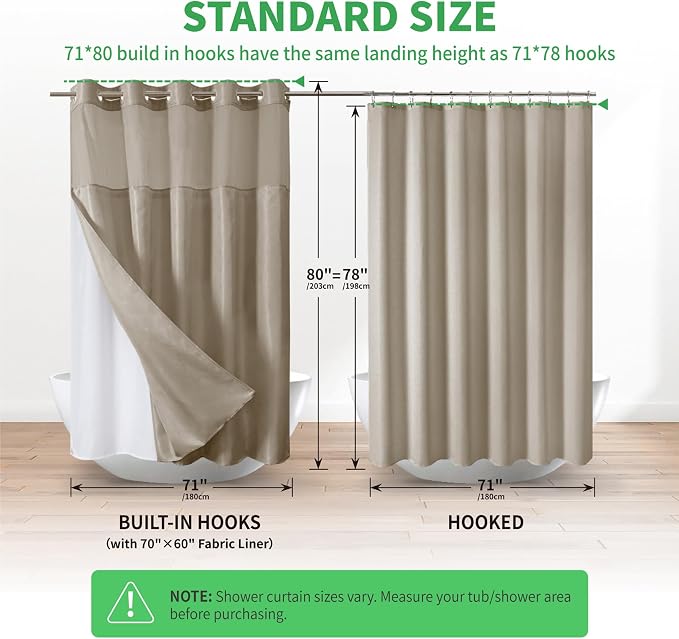 eachope No Hook Boho Arch Shower Curtain with Snap-in Liner Set,71x80,Tan | 230GSM Thick Fabric,Easy to Install,Sheer Window,Magnetic Weighted Hem,Waterproof & Machine Washable,for Bathroom,Hotel