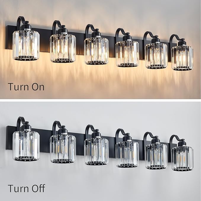 Black Crystal Bathroom Lights Fixtures 6 Light Crystal Bathroom Vanity Lights Fixtures Over Mirror Modern Matte Black Bath Wall Lights with Round Shade (Exclude Bulb)