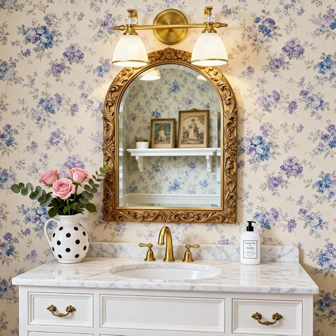Gold Vanity Light, 2-Light Brushed Gold Bathroom Light Fixtures, Vintage Bathroom Light with Milky White Bell Glass Shades, Eye-Friendly Wall Sconce for Mirror, Kitchen, Bedroom, Hallway