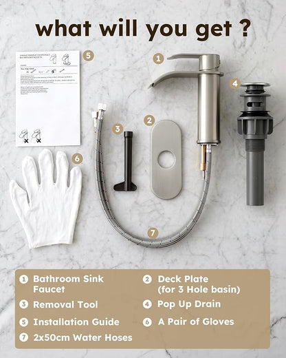 WOWOW Brushed Nickel Bathroom Faucet:Single Hole Waterfall Bathroom Faucets Sink with cUPC Supply Lines and Pop Up Drain,Modern Single Handle Bathroom Faucet 1 Hole for Countertop,Bathroom Sink Faucet