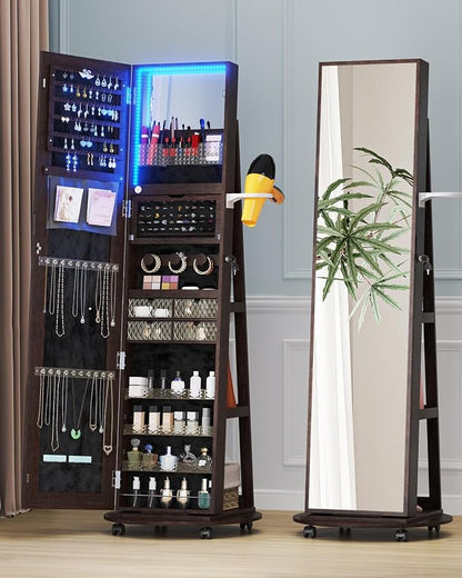 360 Rotating Jewelry Armoire Organizer with Lights, Lockable Cabinet Standing, Perfect for Christmas Gifts (Brown)