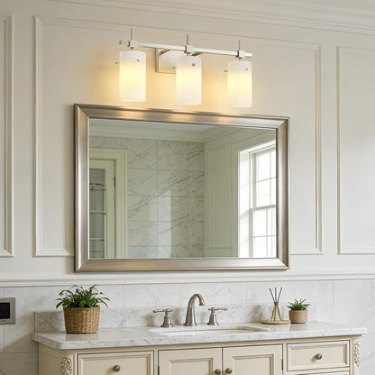 SOLFART Brushed Nickel Bathroom Light Fixtures, 3-Light Modern Vanity Light Over Mirror, Wall Sconces with Milky White Frosted Glass Shades, E26 Socket (Bulbs Not Included)