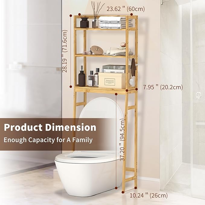 BAMBANG Over The Toilet Storage Rack, 3-Tier Over The Toilet Storage Shelf with 3 Hooks, Freestanding Above Toilet Bathroom Organizer Shelves for Space Saver Storage, Bamboo Natural
