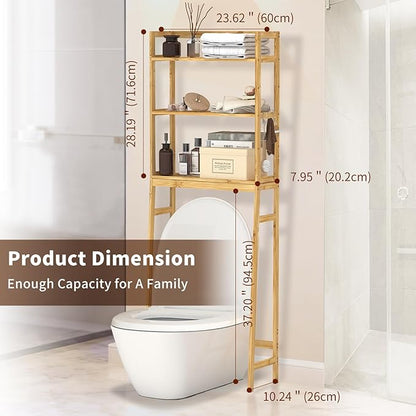 BAMBANG Over The Toilet Storage Rack, 3-Tier Over The Toilet Storage Shelf with 3 Hooks, Freestanding Above Toilet Bathroom Organizer Shelves for Space Saver Storage, Bamboo Natural