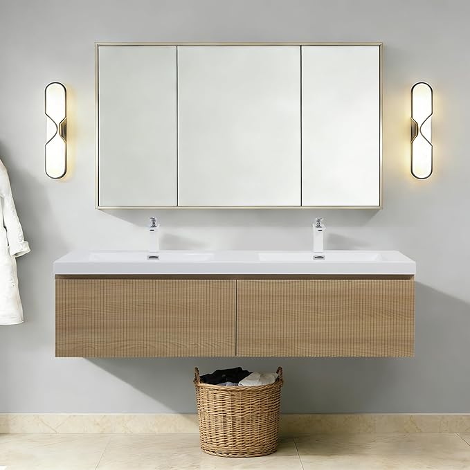 VUMALL60'' Modern Floating Bathroom Vanity Sink Combo, Wall-Mounted Striped Cabinet, Soft-Close Drawer, Glossy White Basin, Compact Elegant Storage-Natural Oak