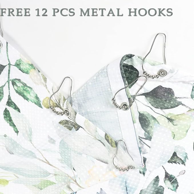 Eucalyptus Leaf Waffle Textured Shower Curtain, Weighted Bottom Watercolor Green Leaves on The Top Plant with Floral Bathroom Curtain Bathtub Home Decor Waterproof Fabric with 12 Metal Hooks