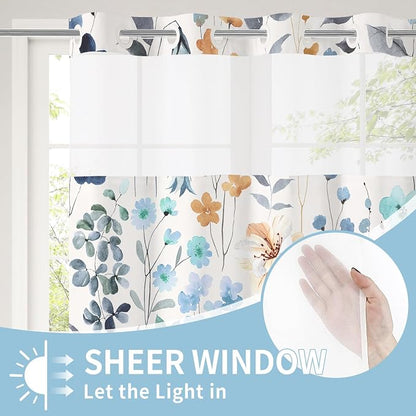 Litabel No Hook Blue Watercolor Floral Shower Curtain and Liner Set, 72x80 | Spring Flower Shower Curtains with Snap-in Liner for Farmhouse Bathroom Decor, Botanical Bathroom Curtain with Leaves