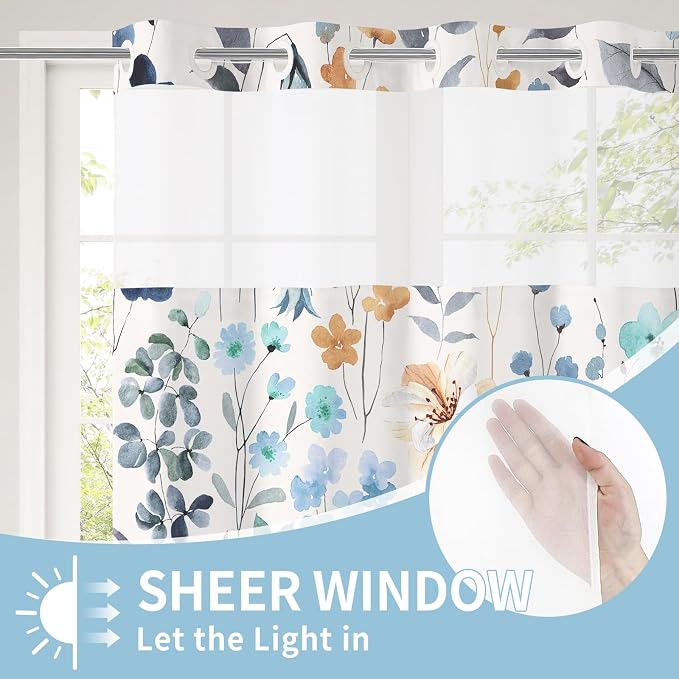 Litabel No Hook Blue Watercolor Floral Shower Curtain and Liner Set, 36x74 | Spring Flower Shower Curtains with Snap-in Liner for Farmhouse Bathroom Decor, Botanical Bathroom Curtain with Leaves
