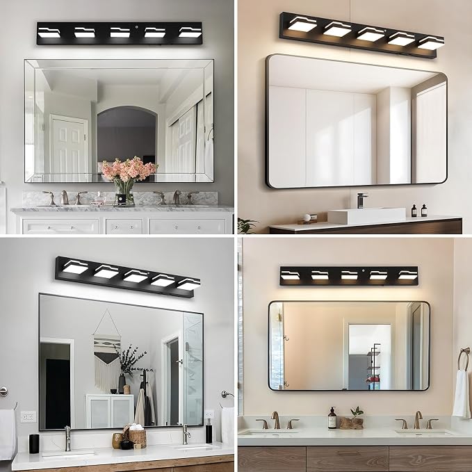 LED Modern Bathroom Vanity Light 5-Light, 32 inch 3CCT Dimmable Black Motion Sensor Vanity Lights for Bathroom Lighting, with 350° Rotatable Acrylic Heads and Auto-Off Bathroom Light
