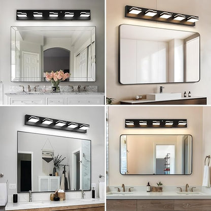 LED Modern Bathroom Vanity Light 5-Light, 32 inch 3CCT Dimmable Black Motion Sensor Vanity Lights for Bathroom Lighting, with 350° Rotatable Acrylic Heads and Auto-Off Bathroom Light