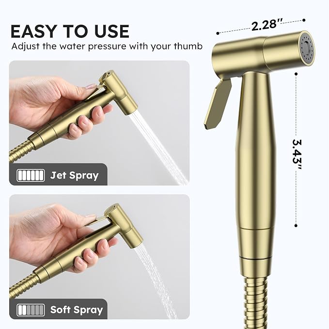Arofa Handheld Bidet Sprayer, Bidet Attachment for Toilet, Brushed Gold | Adjustabel Water Pressure, Leak-Free Hose, Fits Two-Piece Toilets, Feminine/Baby/Pet Wash, Cloth Diaper Rinse, Easy Install