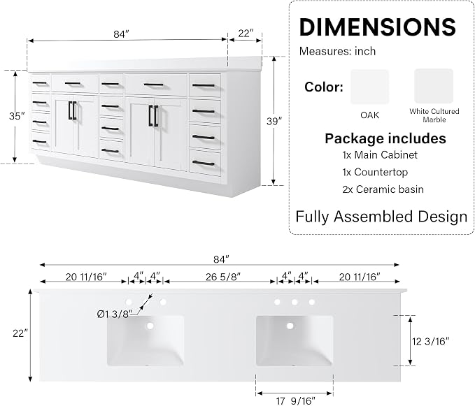 84-Inch Bathroom Vanity with Double Sinks W/ 4 Doors & 12 Drawers & 2 Flip Drawers, White Vanity W/Matte Black Handles
