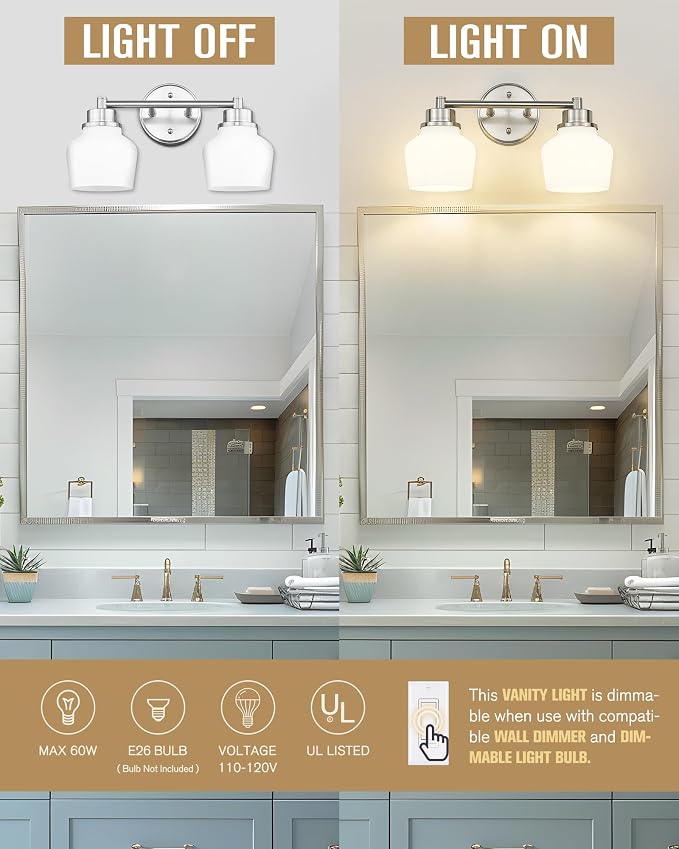 Emak Brushed Nickel Bathroom Light Fixtures, 2-Light Bathroom Vanity Light with Milk Glass Shade, Modern Vanity Lights for Bathroom, Mirror, VL122-BN-ML-2