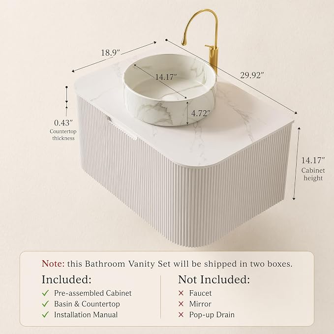 30 Inch Bathroom Vanity with Sink, Floating Wall Mounted Single Sink Vanity, White Curved Fluted Front, Stone Top, Marble-Look Round Vessel Basin, Pre-Assembled