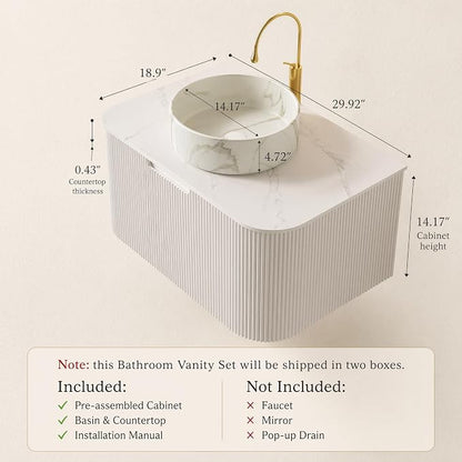 30 Inch Bathroom Vanity with Sink, Floating Wall Mounted Single Sink Vanity, White Curved Fluted Front, Stone Top, Marble-Look Round Vessel Basin, Pre-Assembled