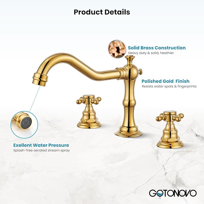 gotonovo 3 Hole Widespread Bathroom Sink Faucet Double Cross Handle Mixer Tap Faucet for Bathroom Sink Vanity Faucet Deck Mount Basin Hot Cold Water Matching Pop Up Drain Polished Gold
