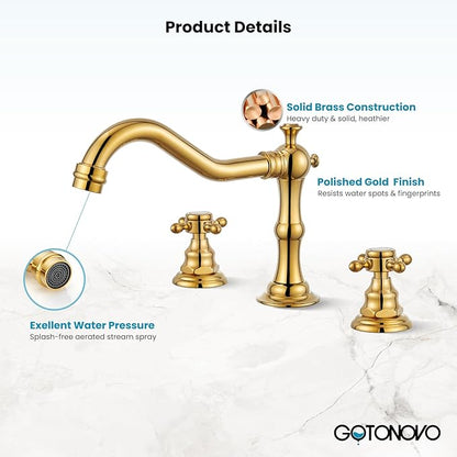 gotonovo 3 Hole Widespread Bathroom Sink Faucet Double Cross Handle Mixer Tap Faucet for Bathroom Sink Vanity Faucet Deck Mount Basin Hot Cold Water Matching Pop Up Drain Polished Gold