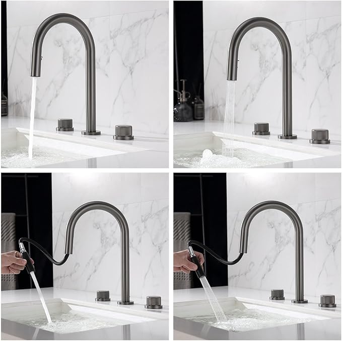 3 Hole Pull Out Faucet for Bathroom Sink Gooseneck Restroom Faucet Hot and Cold,Gun Gray