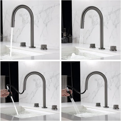 3 Hole Pull Out Faucet for Bathroom Sink Gooseneck Restroom Faucet Hot and Cold,Gun Gray