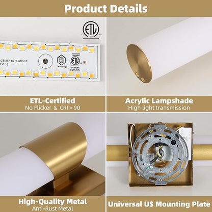 15" Gold Bathroom Vanity Lights, Wall Sconce, 2 Pack | Modern Wall Light for Bathroom Bedroom Living Room Hallway