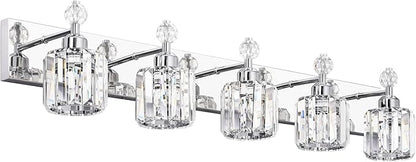 PRESDE Crystal 5-Light Vanity Light for Bathroom，Chrom Modern Bathroom Lights Fixtures Over Mirror