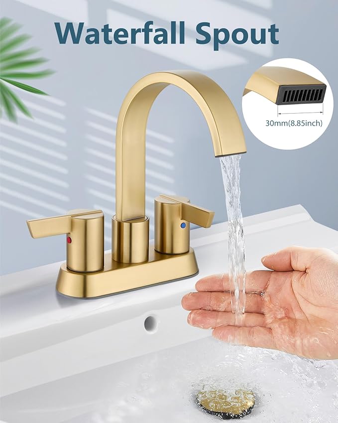 Aolemi Bathroom Faucets for Sink 3 Hole,4 Inch Centerset Waterfall Faucet 2 Handle for Bathroom Sink with Pop-Up Drain and Supply Lines Brush Gold