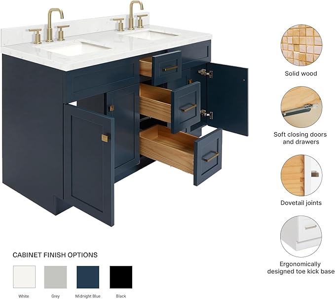ARIEL Hamlet 60-inch Bathroom Vanity with Sink,Solid Wood, 1.5-inch Carrara White Quartz Countertop, Double Rectangular Porcelain Sink, 4 Soft Closing Doors, 3 Dovetail Drawers, Midnight Blue