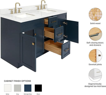 ARIEL Hamlet 60-inch Bathroom Vanity with Sink,Solid Wood, 1.5-inch Carrara White Quartz Countertop, Double Rectangular Porcelain Sink, 4 Soft Closing Doors, 3 Dovetail Drawers, Midnight Blue