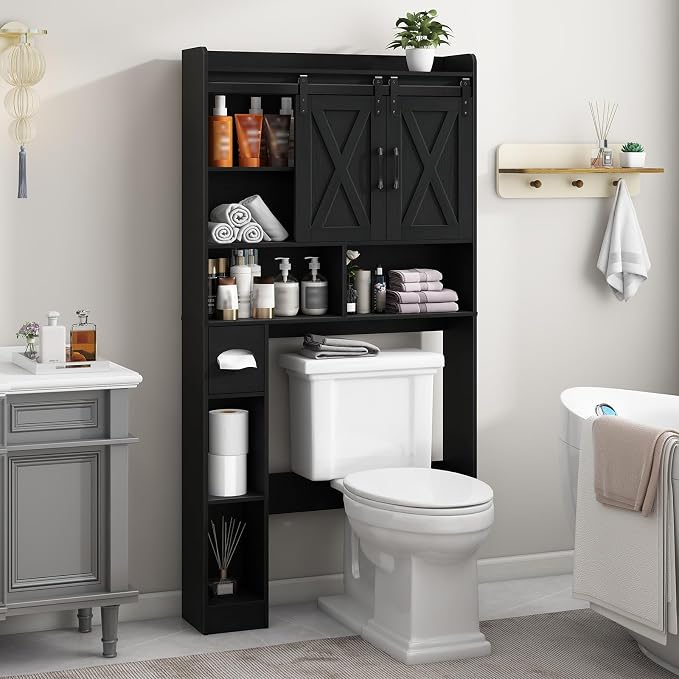 Vabches Over The Toilet Storage Cabinet with Sliding Doors, Black | Farmhouse Storage Cabinet Over Toilet, Home Space-Saving Toilet Rack, Toilet Paper Holder Stand,for Restroom,Bathroom,Laundry