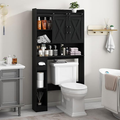 Vabches Over The Toilet Storage Cabinet with Sliding Doors, Black | Farmhouse Storage Cabinet Over Toilet, Home Space-Saving Toilet Rack, Toilet Paper Holder Stand,for Restroom,Bathroom,Laundry