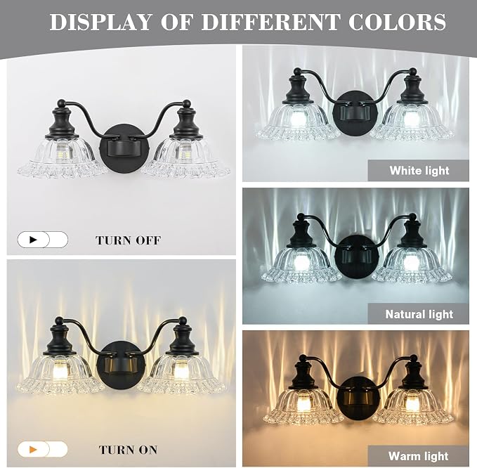 Black Bathroom Light Fixtures Over Mirror, 2 Light Vintage Bathroom Vanity Light Fixture with Clear Flower Glass Shades, Retro Vanity Lights for Bathroom, Bathroom Vanity Lights Over Mirror