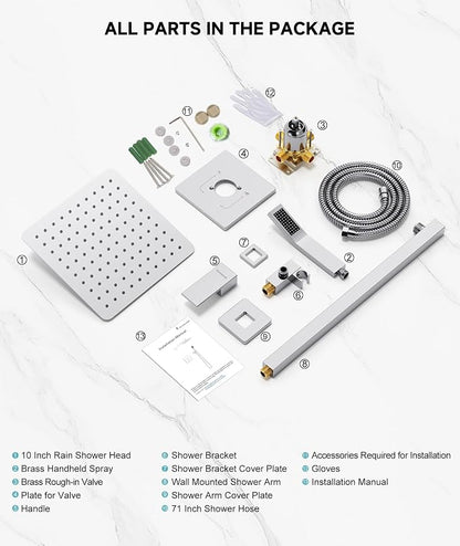 SR SUN RISE Shower Faucet Set & System - 10 Inch Rainfall Shower Head & Handle Set Wall Mounted Polished Chrome Solid Brass Valve Trim Kit Included