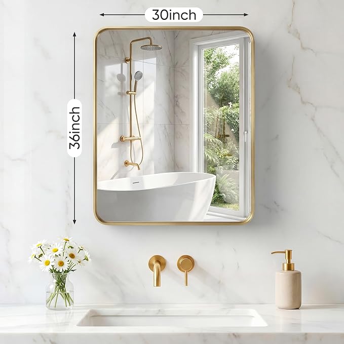 OLIXIS Bathroom Mirror for Over Sink, 30x36 Inch Wall Mount Mirror, Gold | Rounded Rectangle Mirror with Matte Metal Framed, Modern Wall Vanity Mirror for Home Decor, Living Room