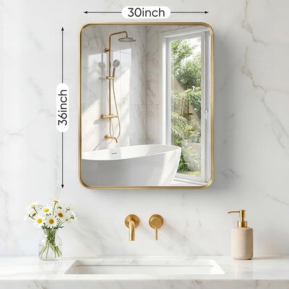 OLIXIS Bathroom Mirror for Over Sink, 30x36 Inch Wall Mount Mirror, Gold | Rounded Rectangle Mirror with Matte Metal Framed, Modern Wall Vanity Mirror for Home Decor, Living Room