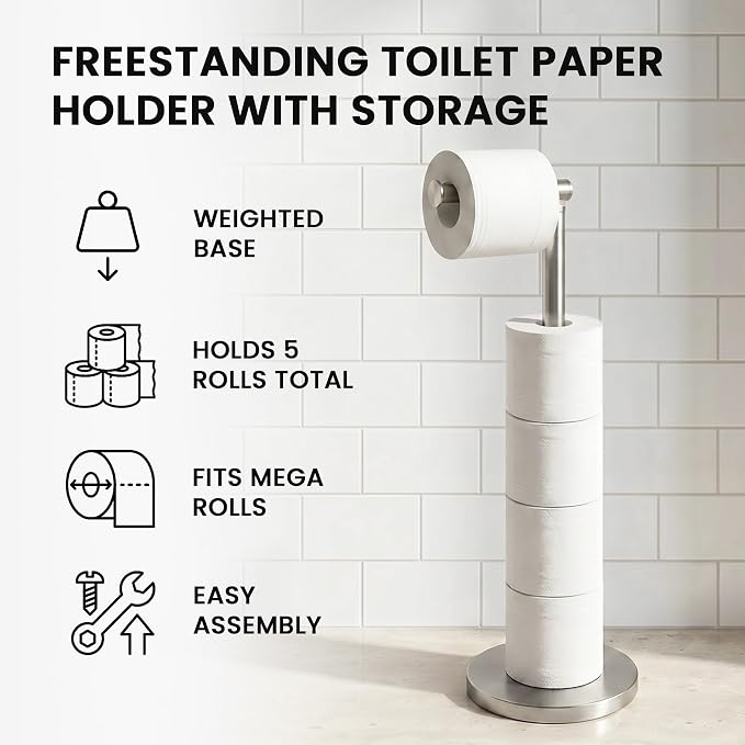 Cesun Weighted Base Free Standing Toilet Paper Holder Stand, Brushed Nickel | SUS304 Rustproof Steel | Thick Non-Slip Base | Swivel Pivot Design | Slim Footprint | Holds 5 Rolls