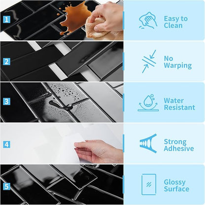 Art3d Subway Design Wall Tile, Peel and Stick Backsplash, 10-Pack, Black | 12 x 12 Inch, Water Resistant, Durable, Easy to Installation, Coastal Style, for Modern Home Decor, Kitchen, Home Improvement