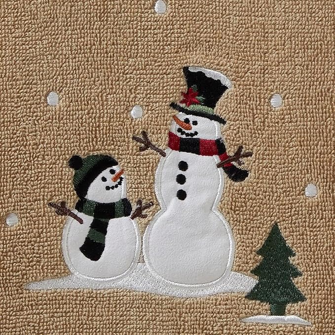 SKL Home Christmas/Winter Rustic Plaid Snowman Bath Towel, Wheat | 100% Cotton. 500 GSM. Soft & absorbent terry with embroidery. Great for holiday gifting.