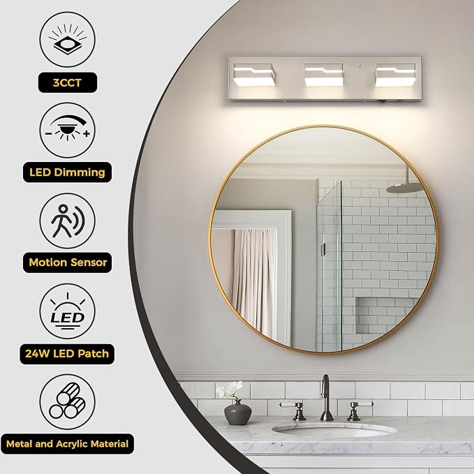 LED Modern Bathroom Vanity Light Fixtures 3-Light, 19 inch 3CCT Dimmable Nickel Motion Sensor Vanity Lights for Bathroom Lighting Fixtures Over Mirror, with 350° Rotatable Acrylic Heads